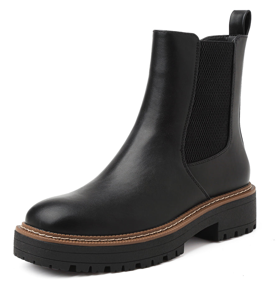 YESWIN Boots for Women Fall Chelsea Ankle Boots Chunky Slip-On Square Toe Walking Elastic Gore Side Zipper Lug Sole Black Booties for Work