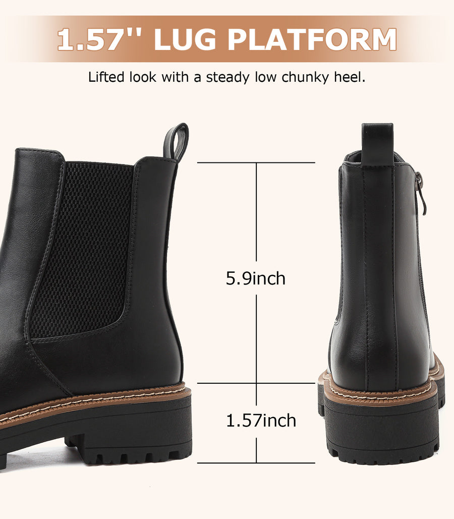 YESWIN Boots for Women Fall Chelsea Ankle Boots Chunky Slip-On Square Toe Walking Elastic Gore Side Zipper Lug Sole Black Booties for Work