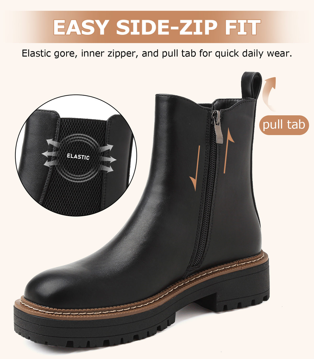 YESWIN Boots for Women Fall Chelsea Ankle Boots Chunky Slip-On Square Toe Walking Elastic Gore Side Zipper Lug Sole Black Booties for Work