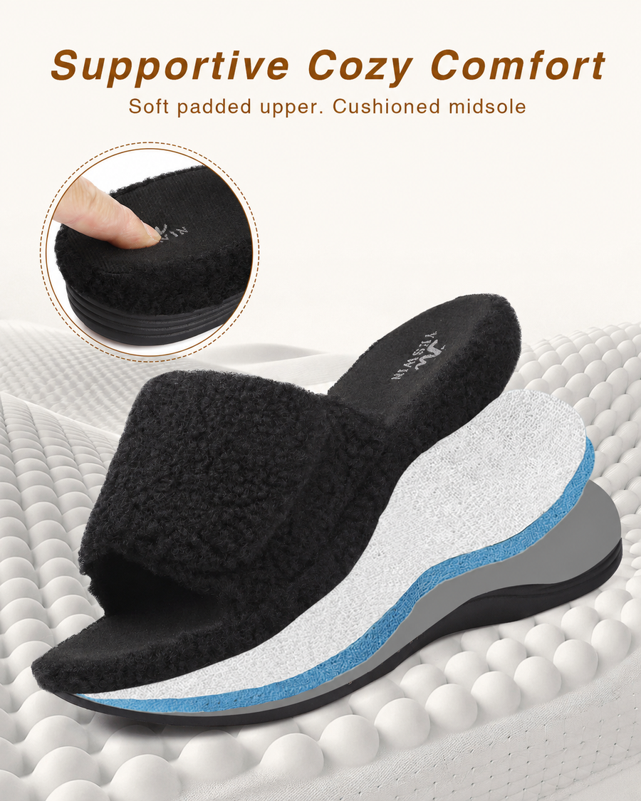 Orthopedic Slippers for Women Adjustable Arch Support House Slippers Plantar Fasciitis Open Toe Memory Foam Bedroom Shoes with Rubber Sole Indoor