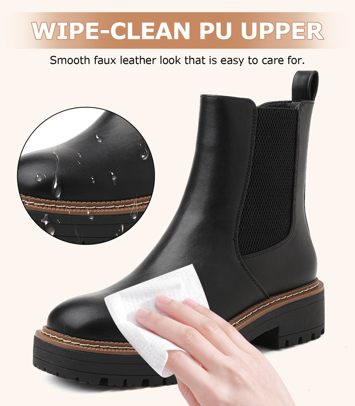 YESWIN Boots for Women Fall Chelsea Ankle Boots Chunky Slip-On Square Toe Walking Elastic Gore Side Zipper Lug Sole Black Booties for Work