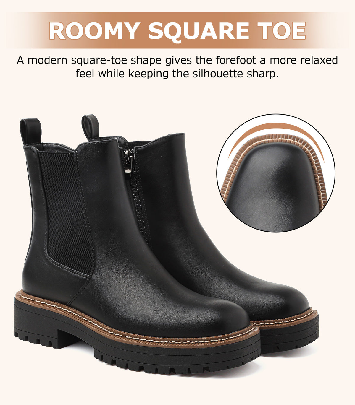 Boots for Women Fall Chelsea Ankle Boots Chunky Slip-On Square Toe Walking Elastic Gore Side Zipper Lug Sole Black Booties for Work