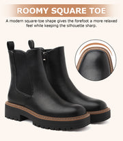 Boots for Women Fall Chelsea Ankle Boots Chunky Slip-On Square Toe Walking Elastic Gore Side Zipper Lug Sole Black Booties for Work