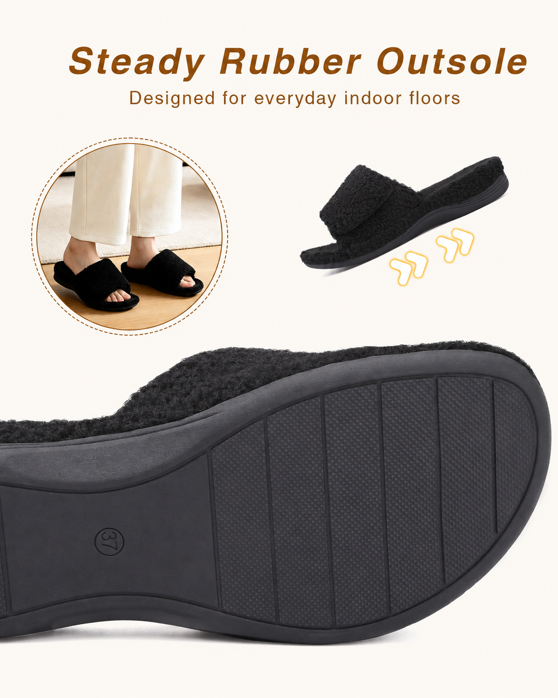 Orthopedic Slippers for Women Adjustable Arch Support House Slippers Plantar Fasciitis Open Toe Memory Foam Bedroom Shoes with Rubber Sole Indoor